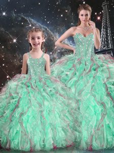 Turquoise Ball Gowns Organza Sweetheart Sleeveless Beading and Ruffles Floor Length Lace Up Sweet 16 Quinceanera Dress
