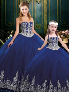 Navy Blue Lace Up Sweetheart Appliques Ball Gown Prom Dress Tulle Sleeveless