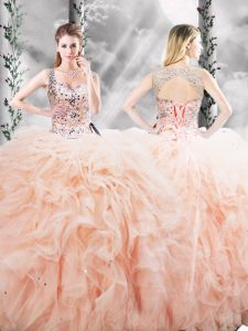 Straps Sleeveless Sweet 16 Quinceanera Dress Floor Length Beading and Ruffles Peach Tulle