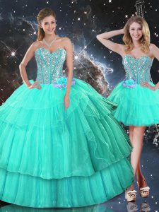 Hot Sale Ruffled Layers and Sequins Ball Gown Prom Dress Turquoise Lace Up Sleeveless Floor Length