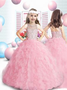 Amazing Rose Pink Lace Up Scoop Beading and Ruffles Little Girl Pageant Dress Tulle Sleeveless