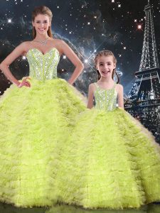 Top Selling Floor Length Lace Up Quinceanera Dresses Yellow Green for Military Ball and Sweet 16 and Quinceanera with Be