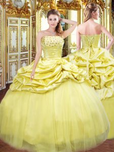 Suitable Gold Taffeta Lace Up Sweet 16 Dresses Sleeveless Floor Length Beading and Pick Ups