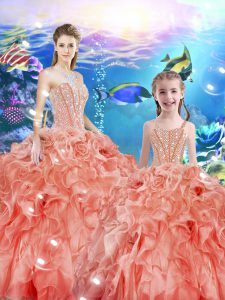Comfortable Beading and Ruffles 15 Quinceanera Dress Watermelon Red Lace Up Sleeveless Floor Length