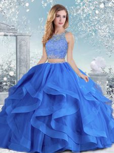 Fantastic Floor Length Royal Blue Ball Gown Prom Dress Scoop Long Sleeves Clasp Handle