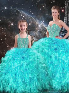 Fine Aqua Blue Sweetheart Lace Up Beading and Ruffles Quinceanera Gown Sleeveless