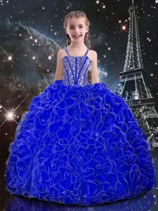 Super Royal Blue Organza Lace Up Straps Sleeveless Floor Length Little Girl Pageant Gowns Beading and Ruffles