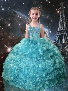 Teal Ball Gowns Straps Sleeveless Organza Floor Length Lace Up Beading and Ruffles Pageant Dress for Womens