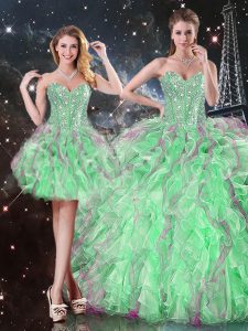 Admirable Floor Length Apple Green Ball Gown Prom Dress Organza Sleeveless Beading and Ruffles