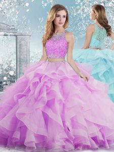 Lilac Organza Clasp Handle Scoop Sleeveless Floor Length Quinceanera Dresses Beading and Ruffles