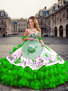 Delicate Green Ball Gowns Embroidery and Ruffled Layers Quinceanera Dresses Lace Up Organza and Taffeta Sleeveless Floor