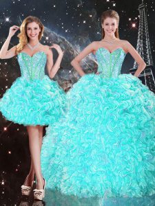 Charming Beading and Ruffles Ball Gown Prom Dress Aqua Blue Lace Up Sleeveless Floor Length
