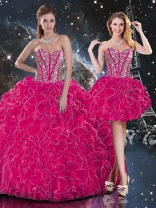 Beading and Ruffles Quinceanera Gown Hot Pink Lace Up Sleeveless Floor Length