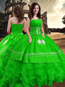 Green Strapless Neckline Embroidery and Ruffled Layers Quinceanera Dress Sleeveless Zipper