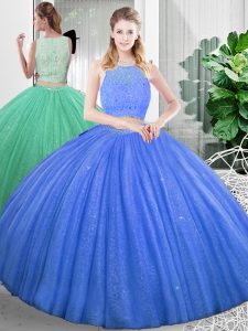 Baby Blue Sleeveless Lace and Ruching Floor Length Quinceanera Dresses