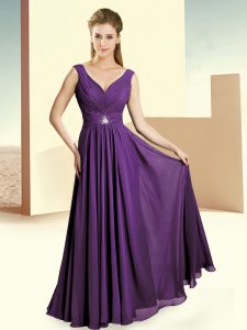 Luxury Eggplant Purple Column/Sheath Beading and Ruching Wedding Party Dress Zipper Chiffon Sleeveless Floor Length