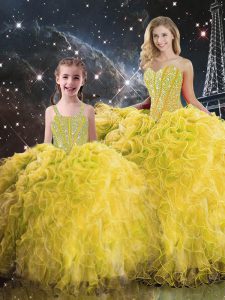 Charming Organza Sweetheart Sleeveless Lace Up Beading and Ruffles Quinceanera Gowns in Yellow