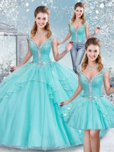 Inexpensive Sleeveless High Low Sashes ribbons and Sequins Lace Up 15 Quinceanera Dress with Aqua Blue