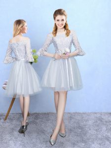 Off The Shoulder Half Sleeves Lace Up Bridesmaids Dress Silver Tulle