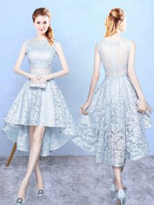 Glamorous Light Blue Lace Zipper Scoop Sleeveless High Low Bridesmaids Dress Lace