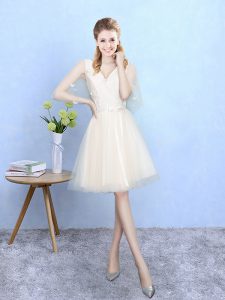 Flare Tulle V-neck Half Sleeves Lace Up Lace Wedding Guest Dresses in Champagne