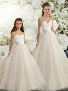 Floor Length White Wedding Dress Sweetheart Sleeveless Lace Up
