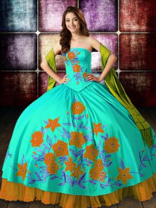 Free and Easy Strapless Sleeveless Sweet 16 Quinceanera Dress Floor Length Embroidery Multi-color Satin