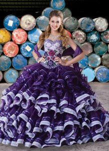 Fine Floor Length Purple 15 Quinceanera Dress Organza Sleeveless Appliques and Ruffles and Ruffled Layers