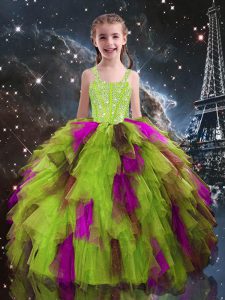 Admirable Yellow Green Sleeveless Beading and Ruffles Floor Length Custom Made Pageant Dress