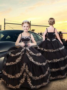 Wonderful Black Sleeveless Floor Length Embroidery and Ruffled Layers Lace Up Little Girl Pageant Dress