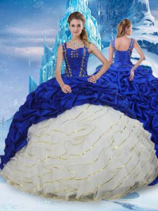 Designer Blue And White Sleeveless Ruffled Layers and Pick Ups Lace Up Sweet 16 Dresses