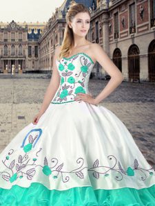 Hot Selling Blue And White Lace Up Quinceanera Gowns Embroidery and Ruffles Sleeveless Floor Length