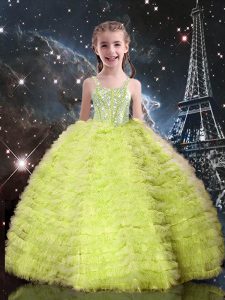 Yellow Green Ball Gowns Tulle Straps Sleeveless Beading and Ruffled Layers Floor Length Lace Up Little Girls Pageant Gow