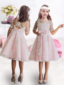 Baby Pink A-line Scoop Short Sleeves Lace Knee Length Clasp Handle Lace and Bowknot Flower Girl Dress