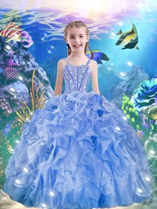 Graceful Beading and Ruffles Child Pageant Dress Light Blue Lace Up Sleeveless Floor Length