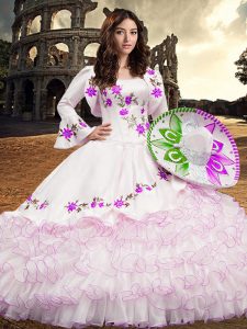 Customized Floor Length Lace Up 15 Quinceanera Dress White for Military Ball and Sweet 16 and Quinceanera with Embroider
