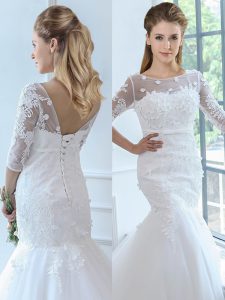 White Mermaid Scoop Half Sleeves Tulle Brush Train Lace Up Lace Wedding Dresses