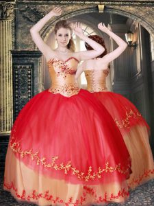 Sleeveless Tulle Floor Length Lace Up Quinceanera Dresses in Red with Beading and Appliques