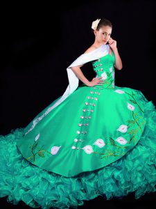 Comfortable Turquoise Lace Up Quinceanera Dresses Embroidery and Ruffles Sleeveless Brush Train