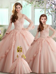 Best Selling Peach Ball Gowns Off The Shoulder Sleeveless Tulle Floor Length Lace Up Lace Sweet 16 Dress