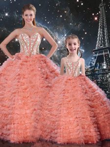 Flirting Sweetheart Sleeveless Quinceanera Gowns Floor Length Beading and Ruffles Watermelon Red Tulle