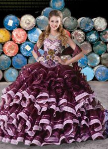 Fashionable Burgundy Sleeveless Appliques and Ruffles and Ruffled Layers Floor Length Quinceanera Gown