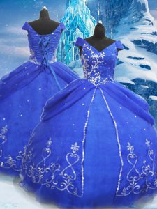 Popular Blue Lace Up Sweet 16 Dress Beading and Appliques Short Sleeves Floor Length