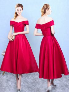 Wine Red A-line Appliques Bridesmaids Dress Lace Up Taffeta Sleeveless Tea Length