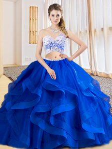 Spectacular Sleeveless Floor Length Beading and Ruffles Criss Cross Sweet 16 Quinceanera Dress with Royal Blue