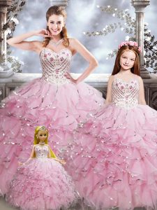 Baby Pink Lace Up Sweet 16 Quinceanera Dress Beading and Ruffles Sleeveless Floor Length