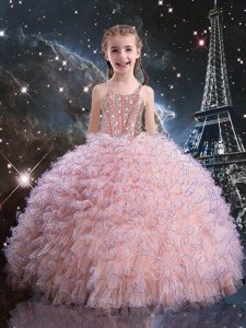 Elegant Floor Length Pink Pageant Gowns Organza Short Sleeves Beading and Ruffles