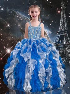 Attractive Organza Straps Sleeveless Lace Up Beading and Ruffles Little Girls Pageant Gowns in Blue