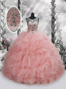 Floor Length Lace Up Quince Ball Gowns Baby Pink for Military Ball and Sweet 16 and Quinceanera with Beading and Ruffles