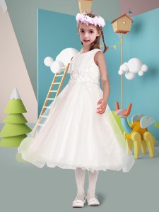 Popular White A-line Organza Scoop Sleeveless Lace Tea Length Zipper Flower Girl Dresses